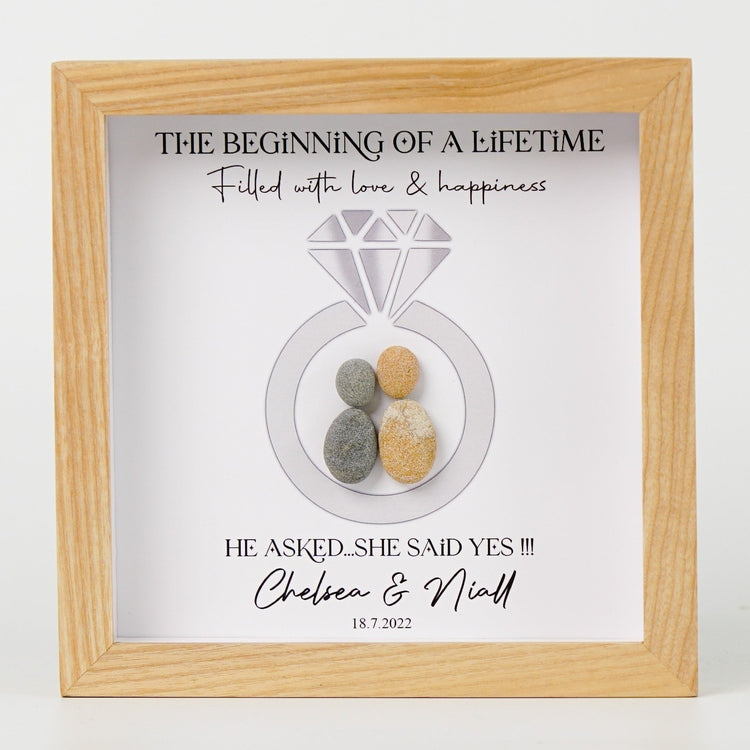 Personalized Engagement Present Pebble Art Framed Wall Hanging Art, Desktop Gifts for Couples by Dovaart.com