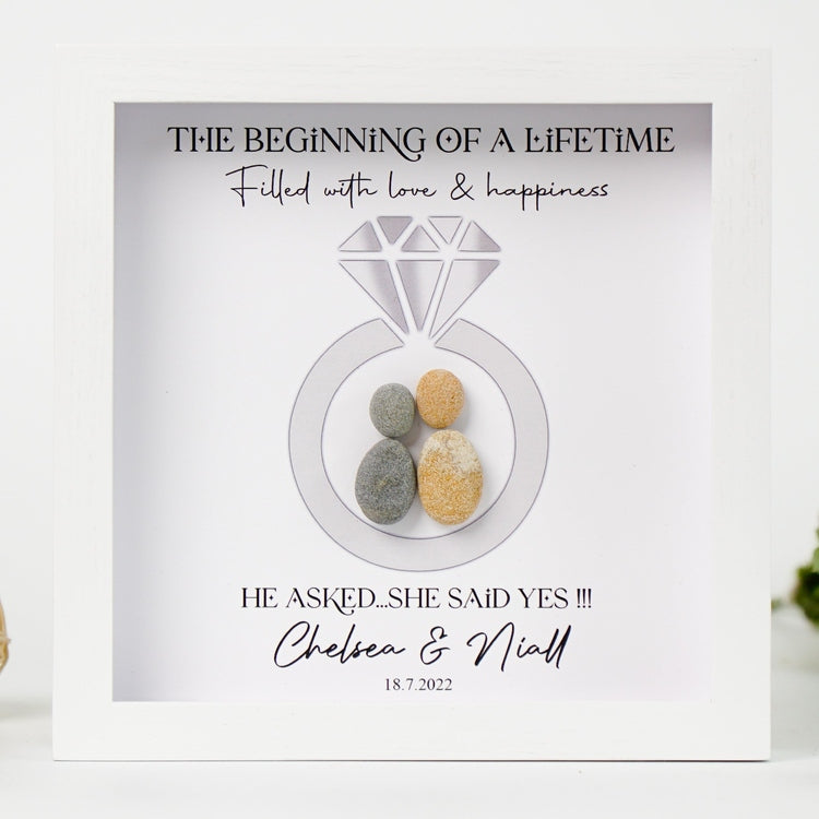 Personalized Engagement Present Pebble Art Framed Wall Hanging Art, Desktop Gifts for Couples by Dovaart.com