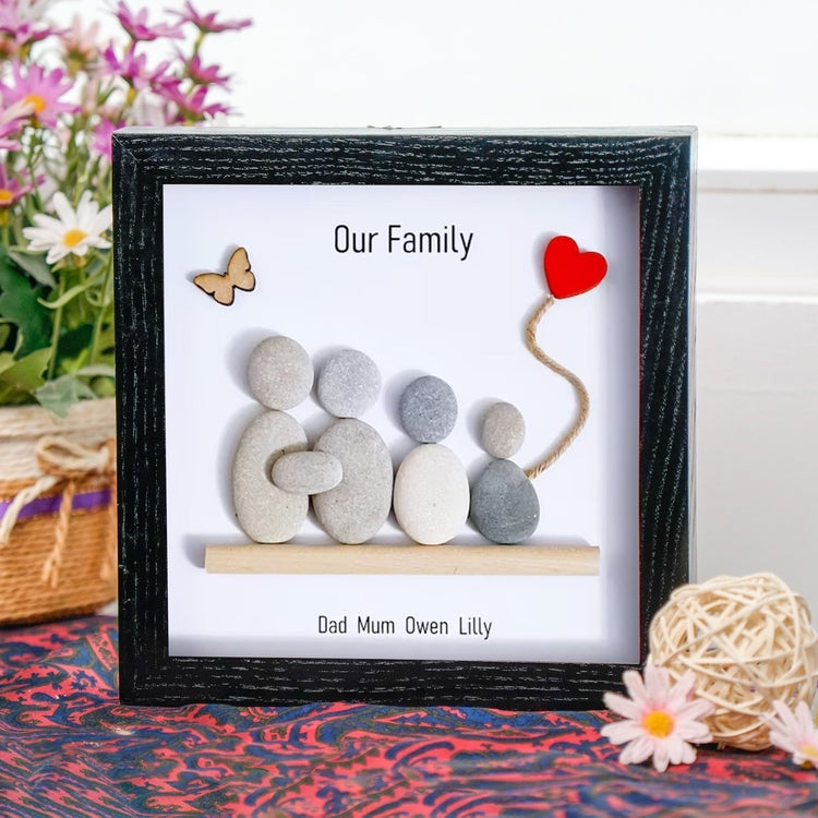 Personalized Family Pebble Art - Birthday Gift Family - 8x8 inch Frame with Stand for Desktop or Wall Hanging by Dovaart.com