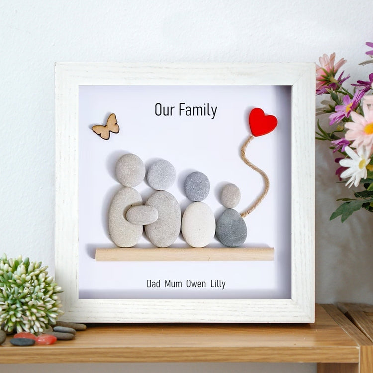 Custom pebble art, personalized family, personalized new baby, cheapest new baby gift, family of three, framed pebble art, welcome baby