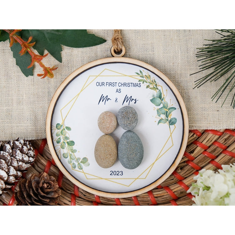 Personalized First Christmas as Mr and Mrs Ornament 2023, Newlyweds Wood Pebble Ornament 4 Inch Custom Name by Dovaart.com