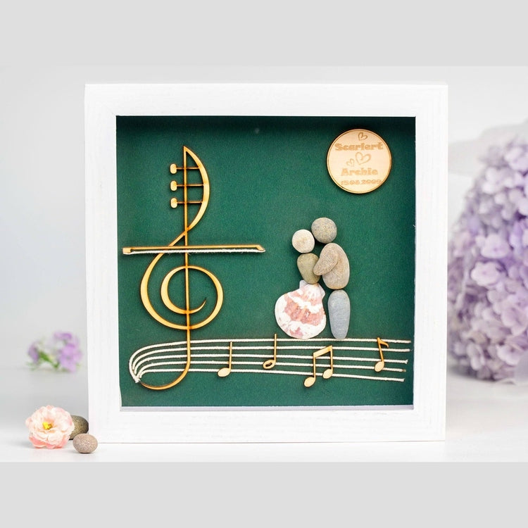 Personalized Groom and Bride Pebble Art with Musical Note by Dovaart.com
