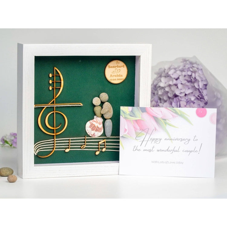 Personalized Groom and Bride Pebble Art with Musical Note by Dovaart.com