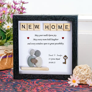 Personalized New Home Pebble Art - Gift for New Home - 8x8 inch Frame with Stand for Desktop or Wall Hanging by Dovaart.com