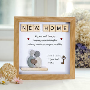 Personalized New Home Pebble Art - Gift for New Home - 8x8 inch Frame with Stand for Desktop or Wall Hanging by Dovaart.com