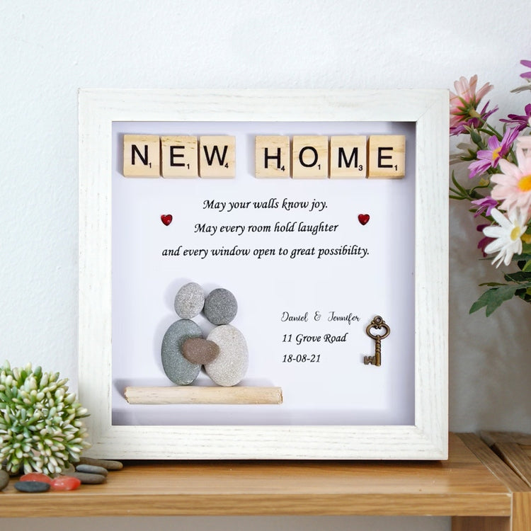 Personalized New Home Pebble Art - Gift for New Home - 8x8 inch Frame with Stand for Desktop or Wall Hanging by Dovaart.com