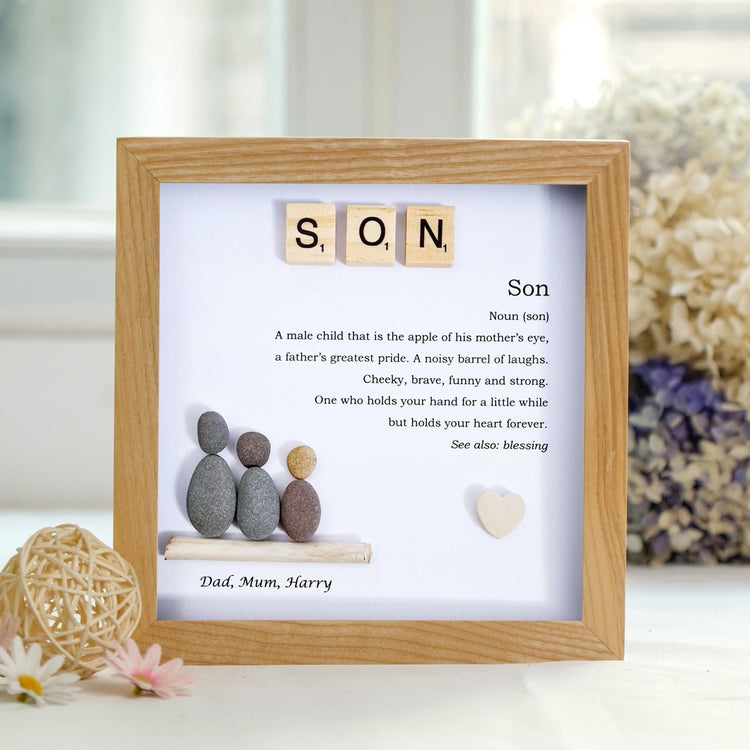 Personalized Son Pebble Art - Gift for Son -8x8 inch Frame with Stand for Desktop or Wall Hanging by Dovaart.com