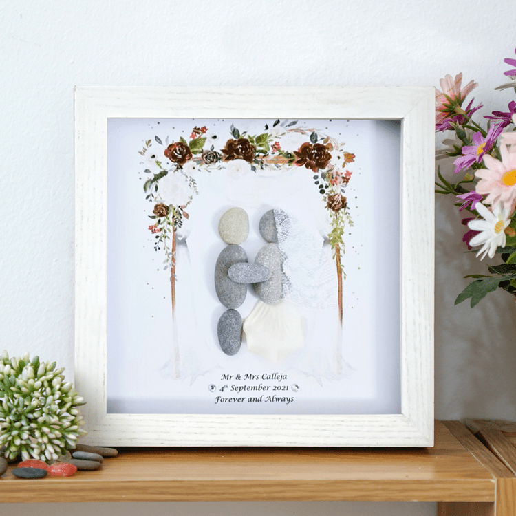 Personalized Wedding Pebble Art - Art Gift for New Family - Frame Pebble Artwork Stand on Desktop or Wall Hanging 8x8 inch by Dovaart.com