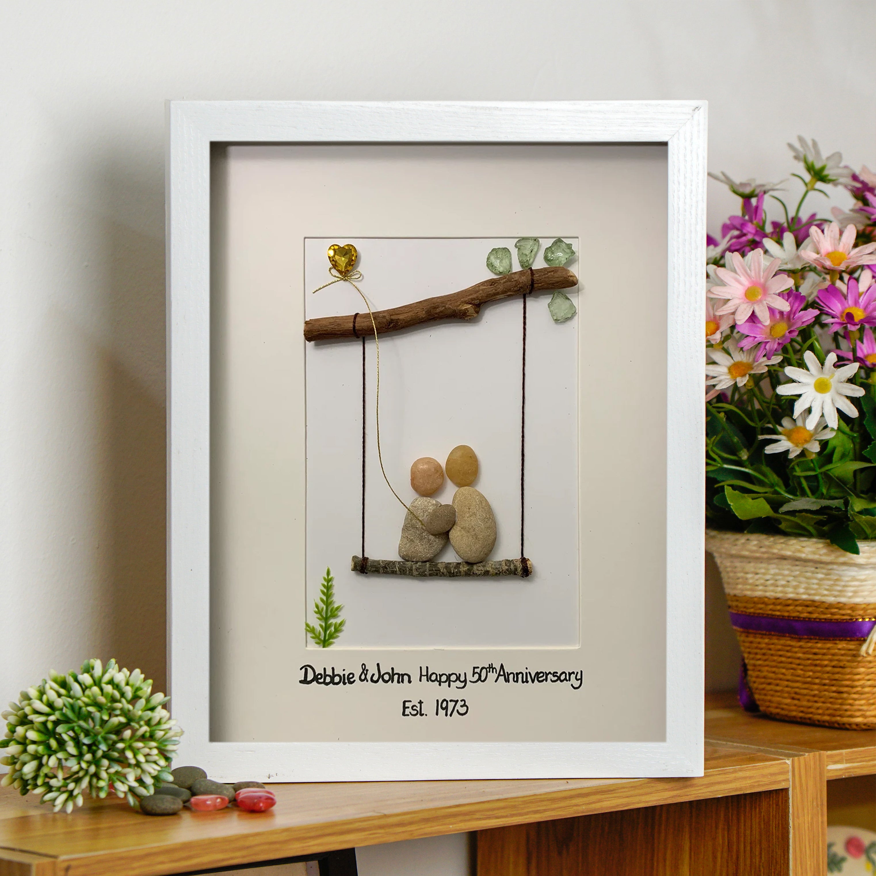 Personalised Wedding Anniversary Keepsake Frame, Wedding Anniversary Gift For Dad, Wedding Anniversary Pebble Art