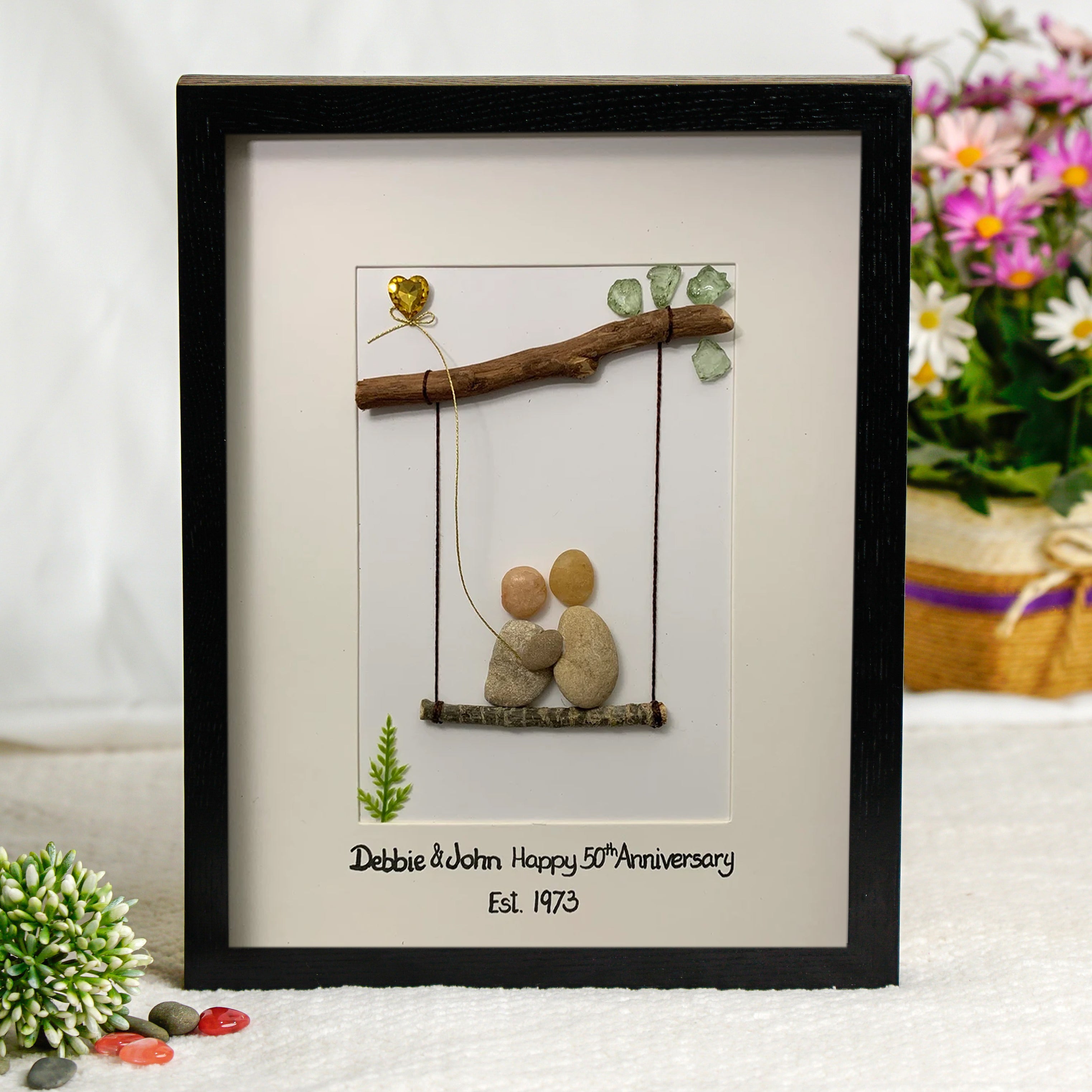 Personalised Wedding Anniversary Keepsake Frame, Wedding Anniversary Gift For Dad, Wedding Anniversary Pebble Art