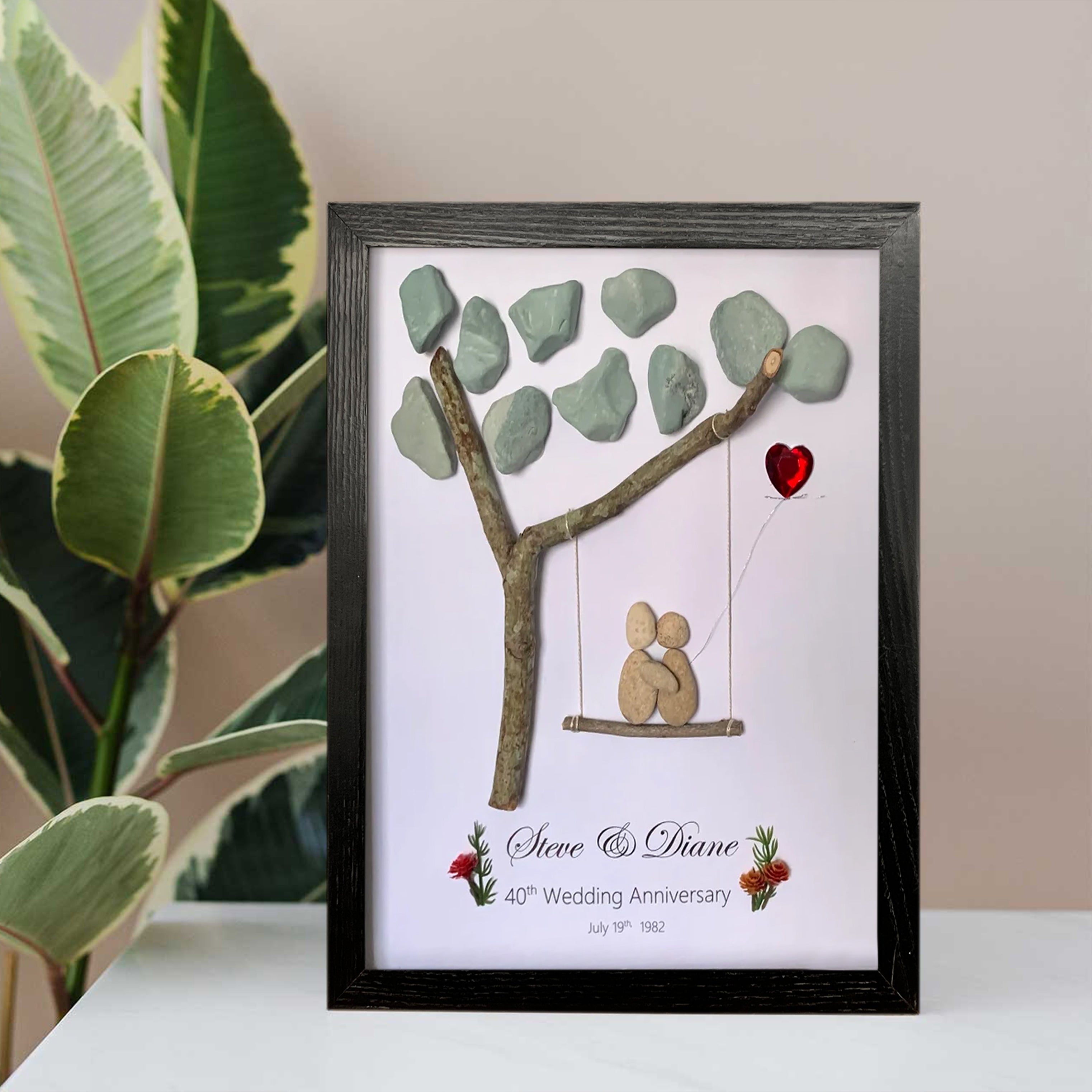 Personalised 40th Wedding Anniversary Keepsake Frame, Ruby Wedding Anniversary Gift For Dad, Wedding Anniversary Pebble Art