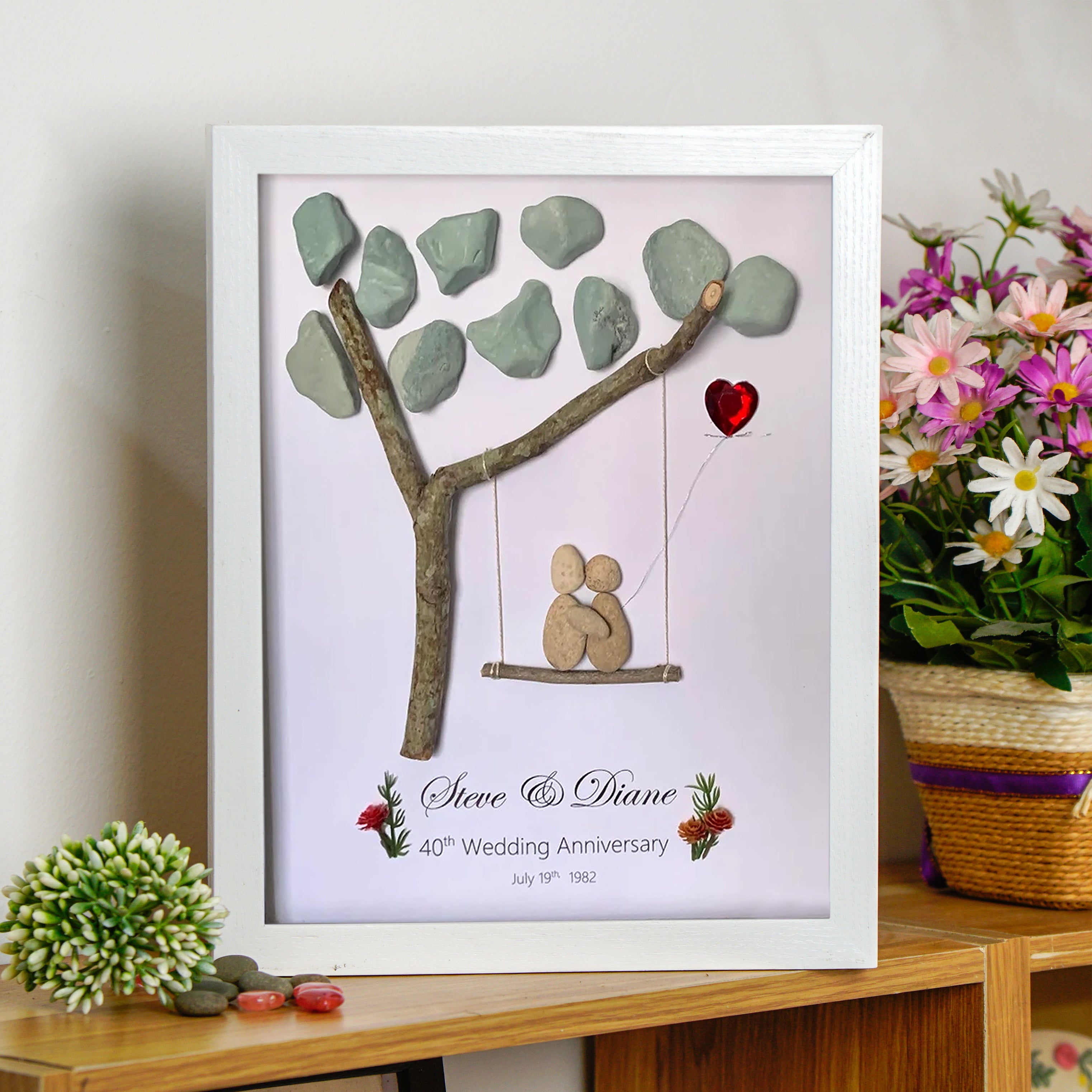 Personalised 40th Wedding Anniversary Keepsake Frame, Ruby Wedding Anniversary Gift For Dad, Wedding Anniversary Pebble Art