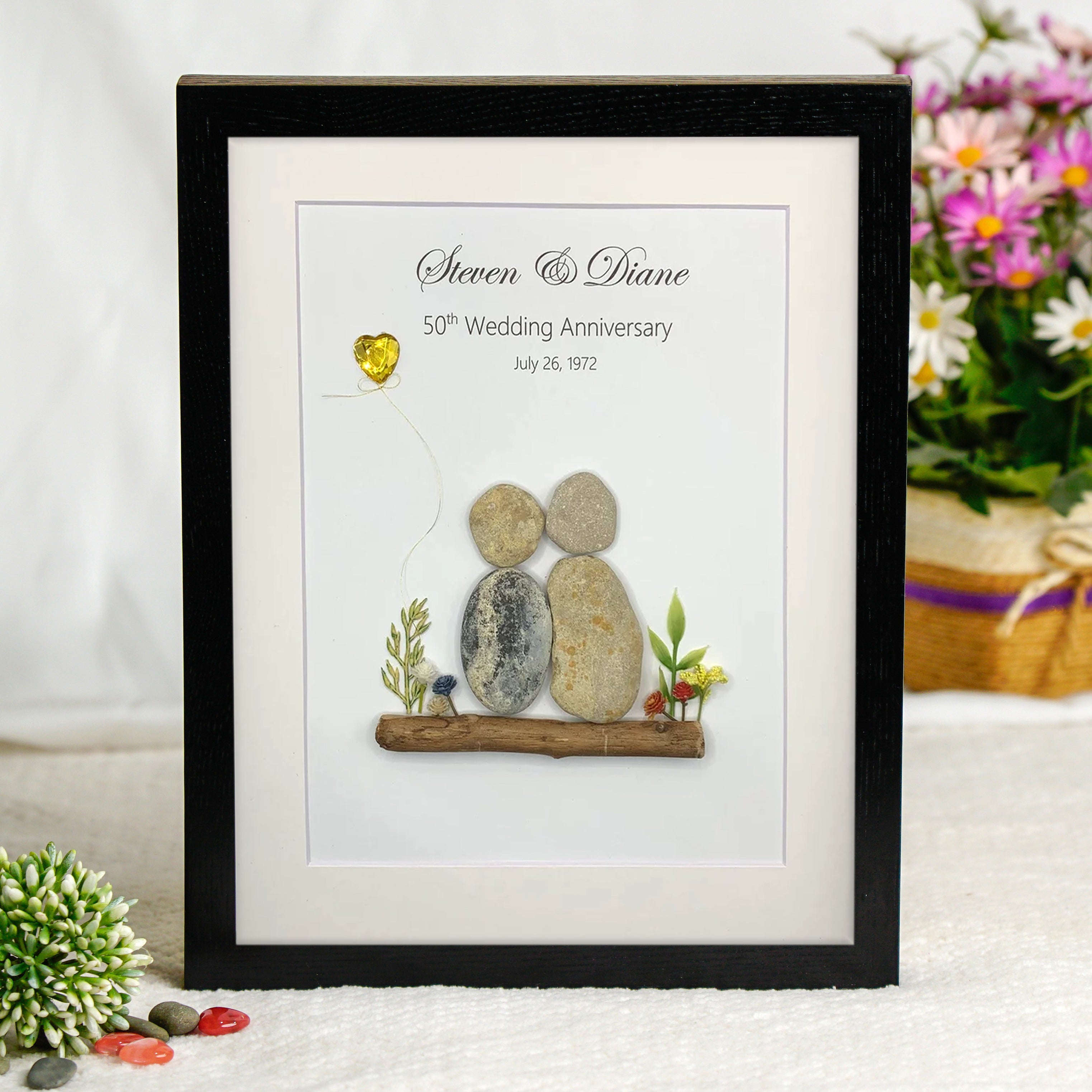 Personalised 50th Wedding Anniversary Keepsake Frame, Golden Wedding Anniversary Gift, Wedding Anniversary Pebble Art For Dad
