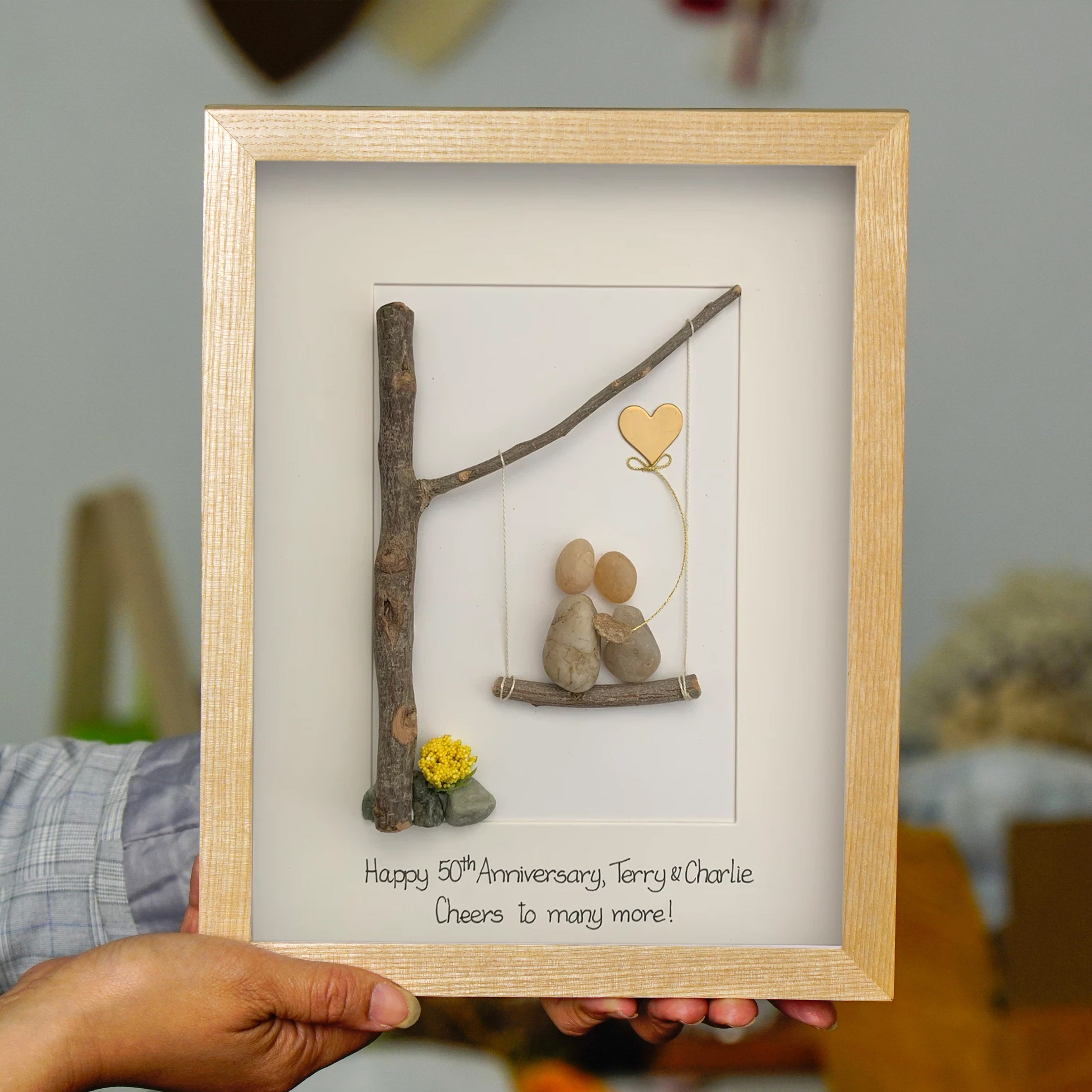 Personalised 50th Wedding Anniversary Pebble Art, Golden Wedding Anniversary Gift, Wedding Anniversary Pebble Art For Dad
