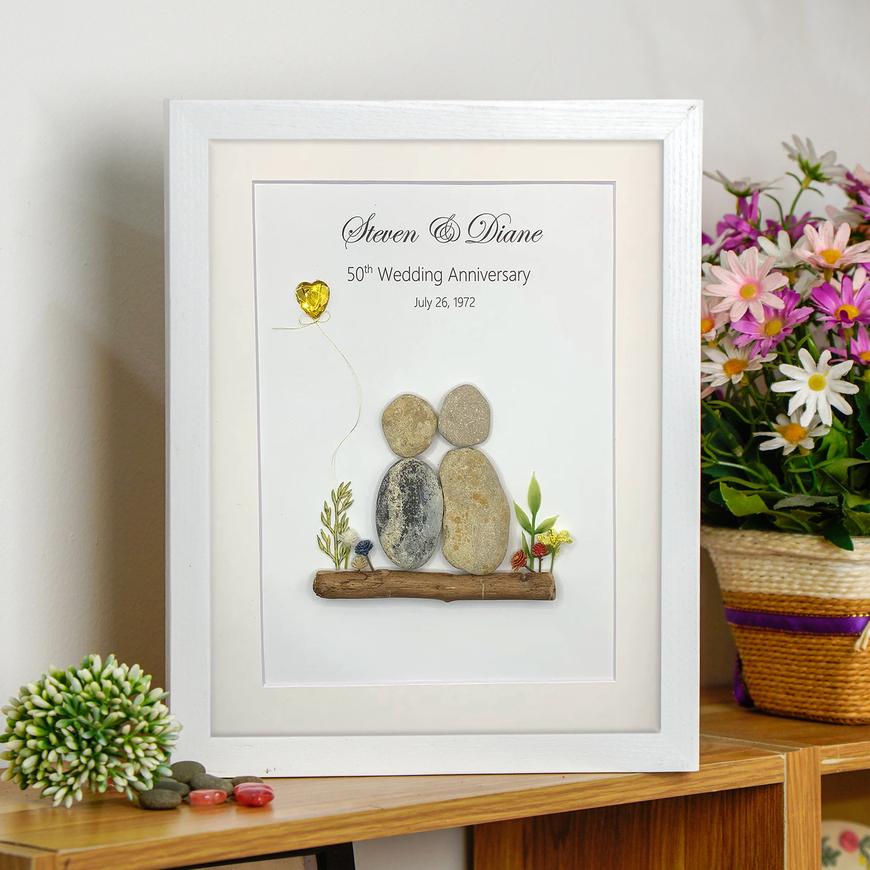 Personalised 50th Wedding Anniversary Keepsake Frame, Golden Wedding Anniversary Gift, Wedding Anniversary Pebble Art For Dad