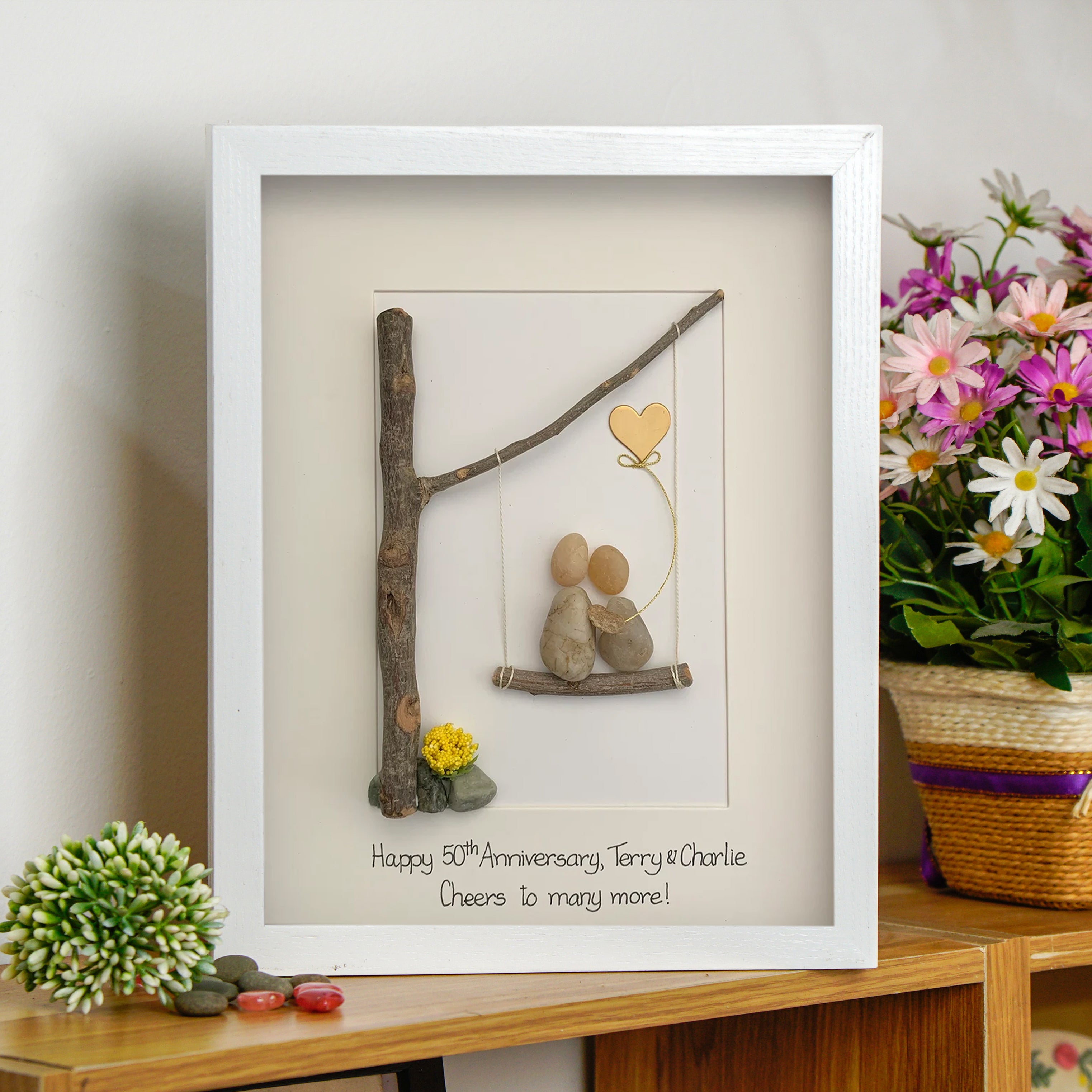 Personalised 50th Wedding Anniversary Pebble Art, Golden Wedding Anniversary Gift, Wedding Anniversary Pebble Art For Dad