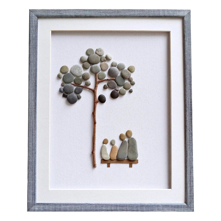 Handcrafted Pebble Art Family Portrait with Driftwood Tree, Unique Nature-Inspired Home Decor