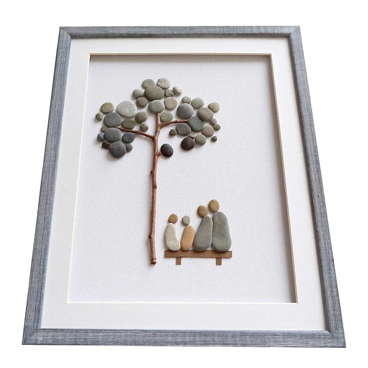 Handcrafted Pebble Art Family Portrait with Driftwood Tree, Unique Nature-Inspired Home Decor