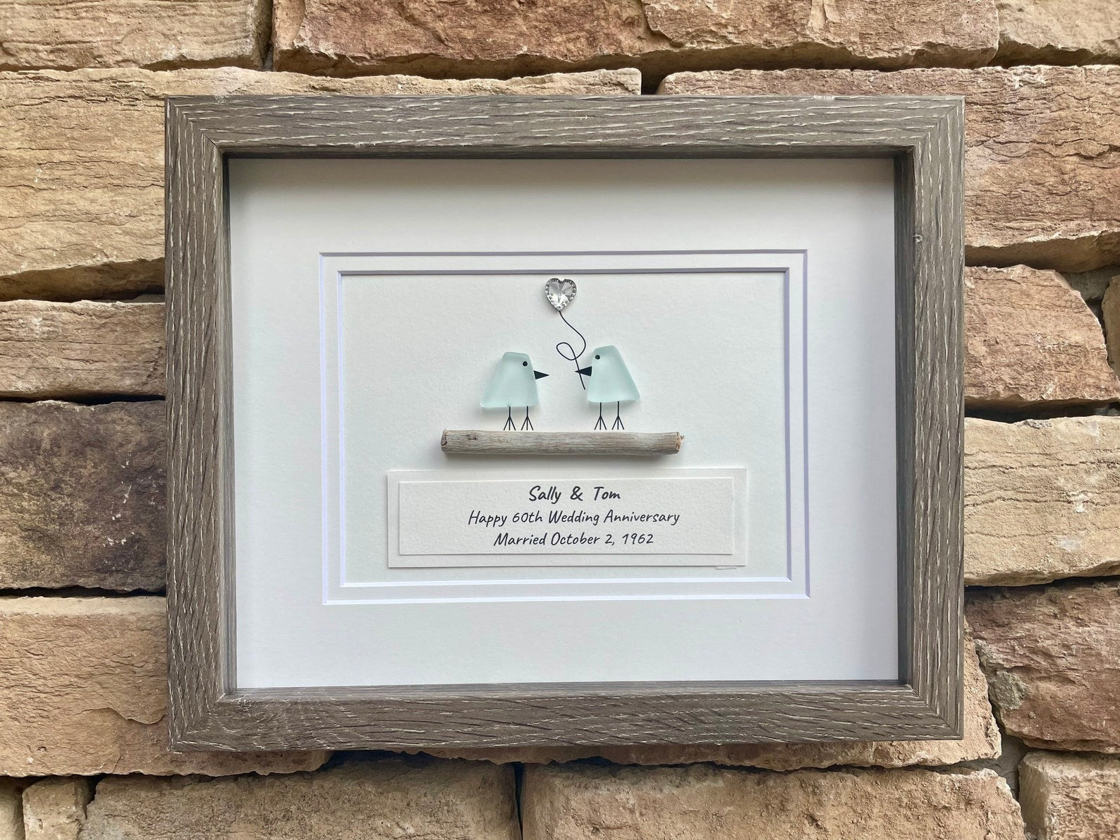 Personalized 60th Diamond Wedding Anniversary Gift, Diamond Anniversary Sea Glass Frame, Gift for Parents, Wife, Husband, Friends