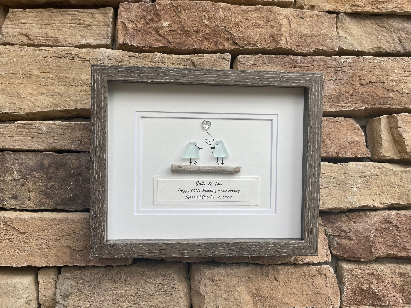 Personalized 60th Diamond Wedding Anniversary Gift, Diamond Anniversary Sea Glass Frame, Gift for Parents, Wife, Husband, Friends