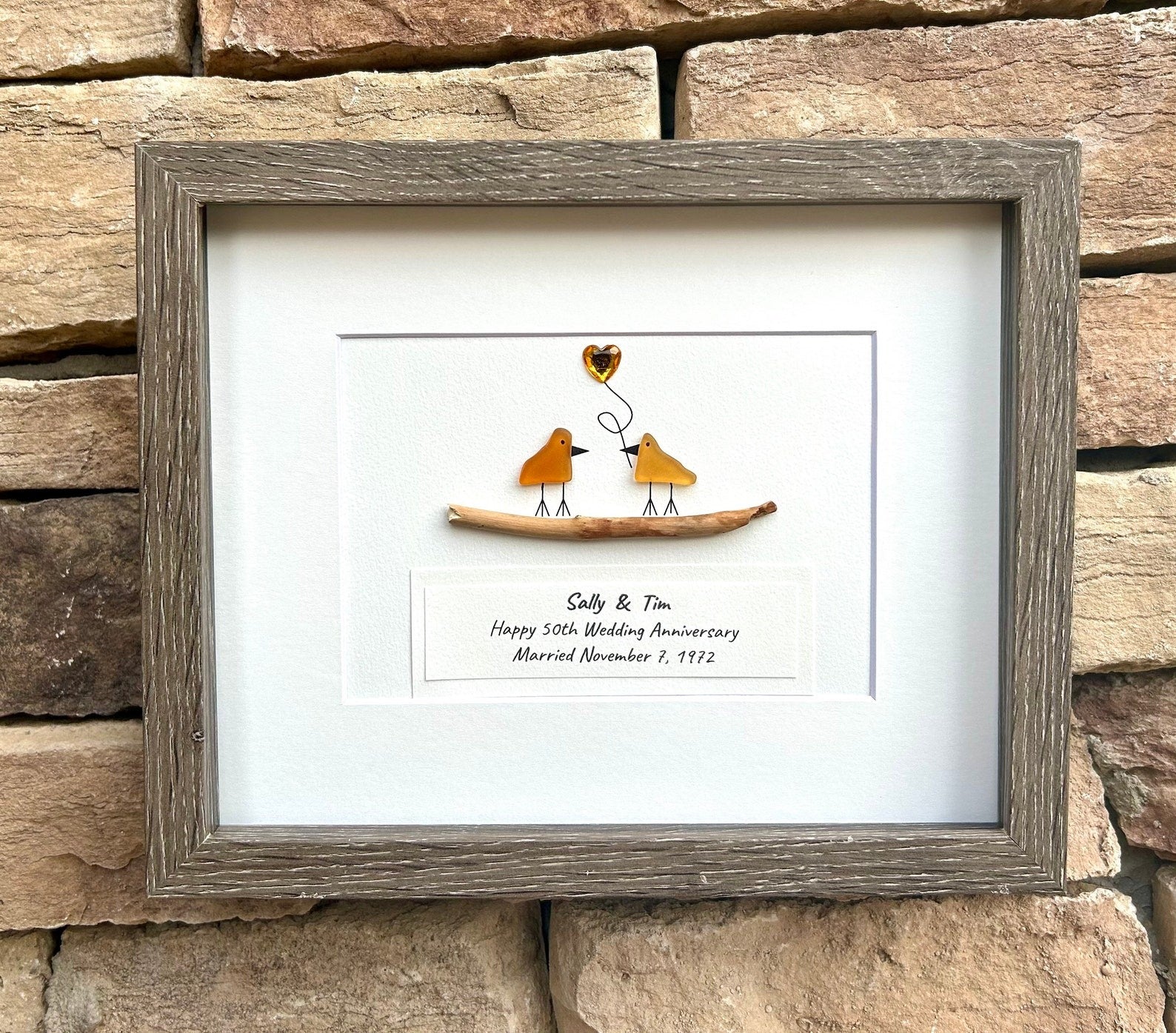 Personalized 50th Anniversary Personalized Sea Glass Art, 9x12 Framed Golden Wedding Anniversary Gift for Parents, Friends, Spouse, Couple
