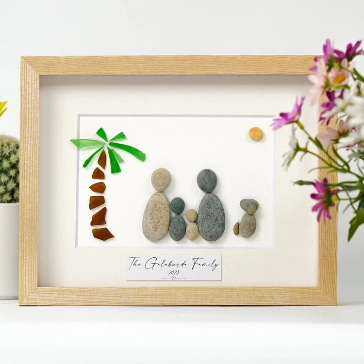 Personalized Pebble Art Family Coconut Tree with Driftwood Frame, Handmade Custom Home Decor, Family Christmas Gift