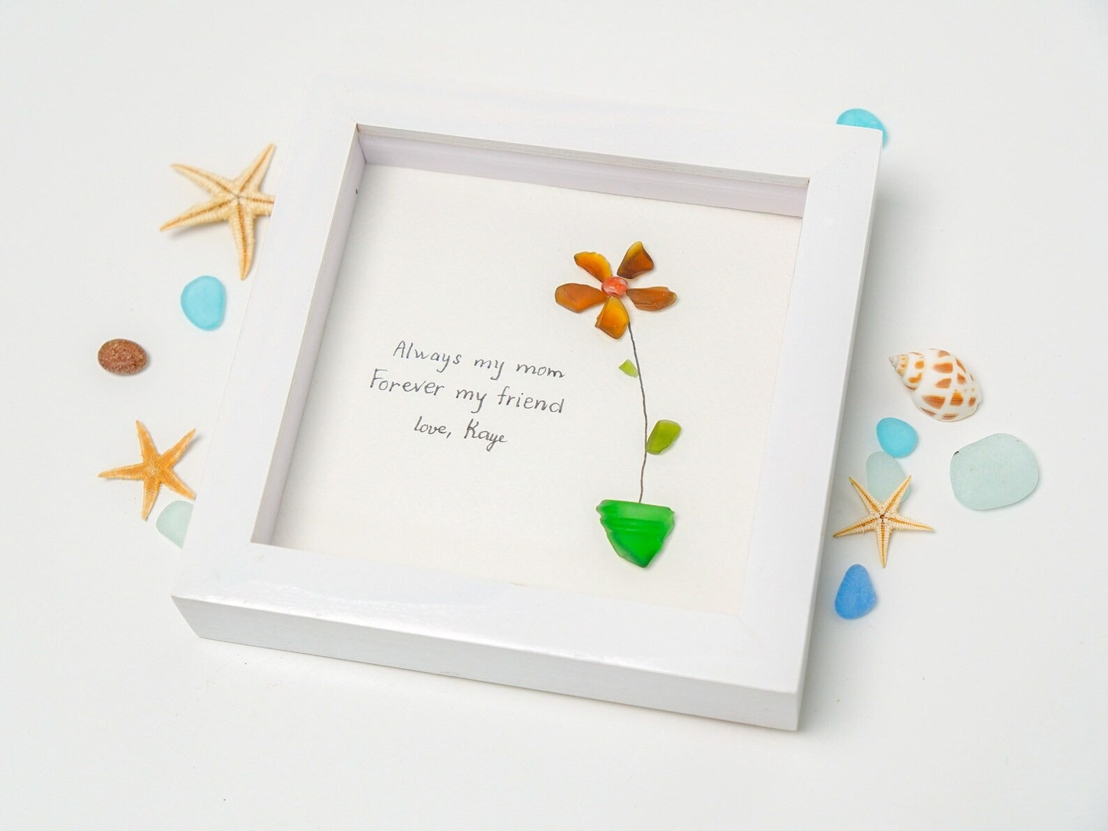 Personalized Flowers Mother's Day Sea Glass Art, Happy Mother's Day Gift For Mom, Birthday Mom Gifts From Daughter, Mother's Day Flower Frame Art