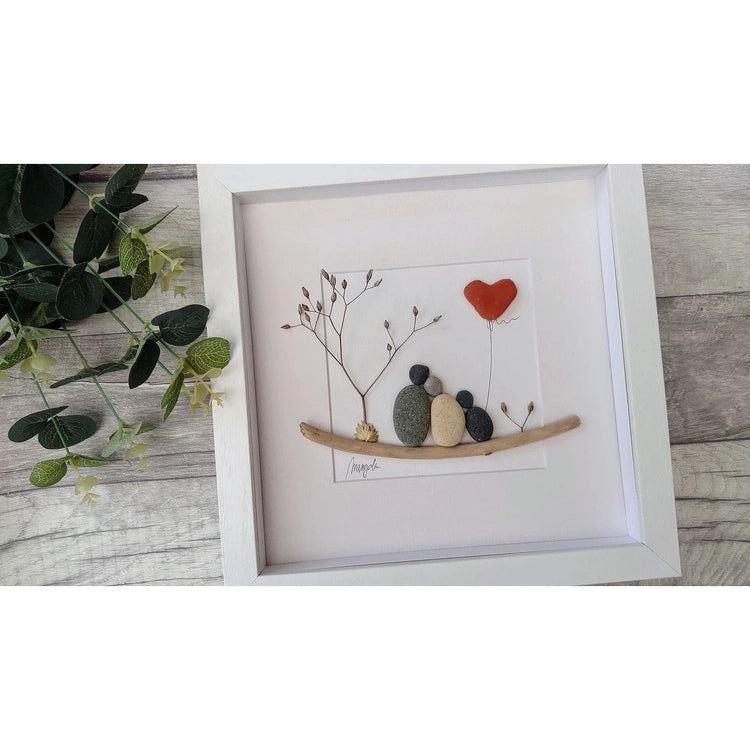 Pebble Art Family of Three, Custom Family Portrait, Handmade Custom Home Decor