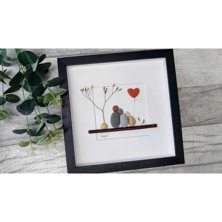 Pebble Art Family of Three, Custom Family Portrait, Handmade Custom Home Decor