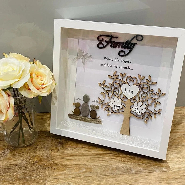 Pebble Art Family Tree with Name Frame, Handmade Custom Home Decor, Family Tree Christmas Gift