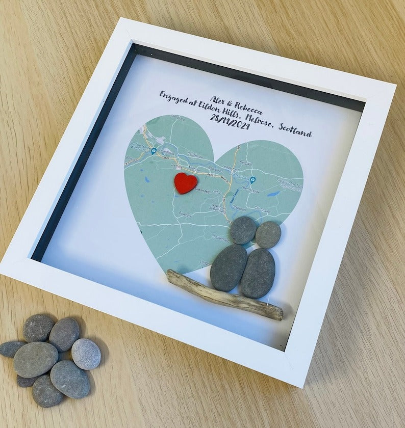 Personalised Engagement Map Pebble Art, Engaged Frame Gift, Engagement Gift For Couple, Anniversary Gift, Engagement Keepsake Memory