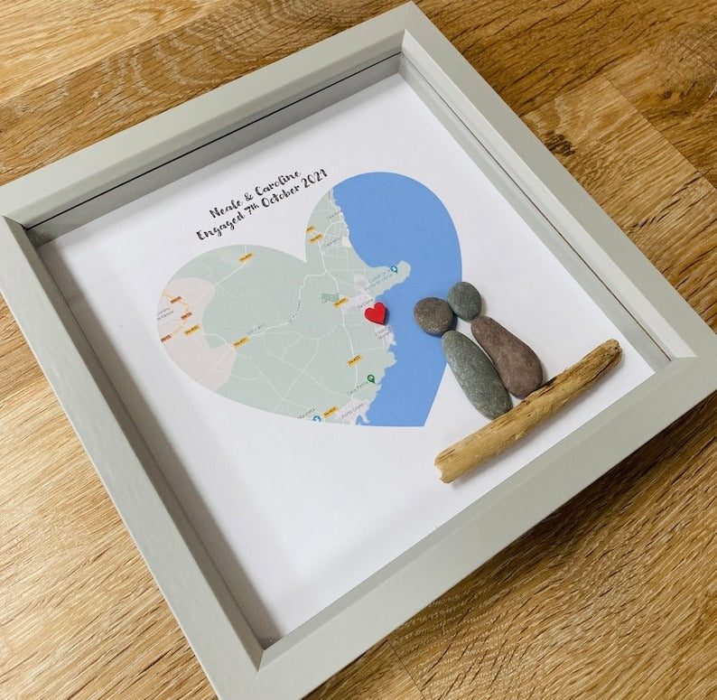 Personalised Engagement Map Pebble Art, Engaged Frame Gift, Engagement Gift For Couple, Anniversary Gift, Engagement Keepsake Memory