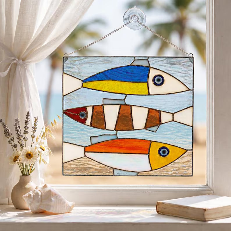Stained Glass Fish Suncatcher, Coastal Wall Art, Beach House Window Decor, Nautical Gift