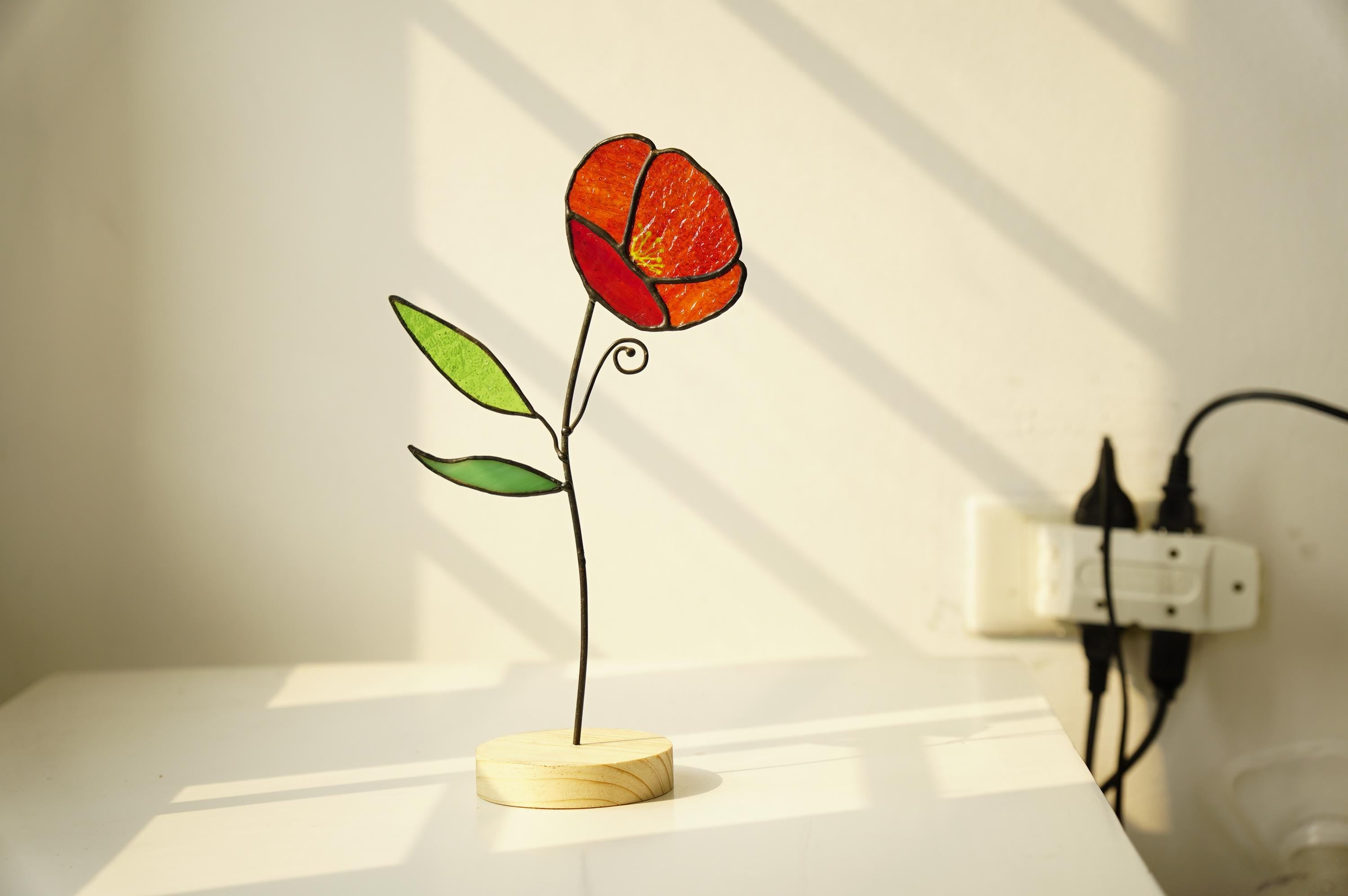 Stained Glass Poppy Flower Art bonus mom gift, radiant Poppy Sun catcher Unique Home Decor, Thoughtful Glass Poppies Christmas Gift for Mom