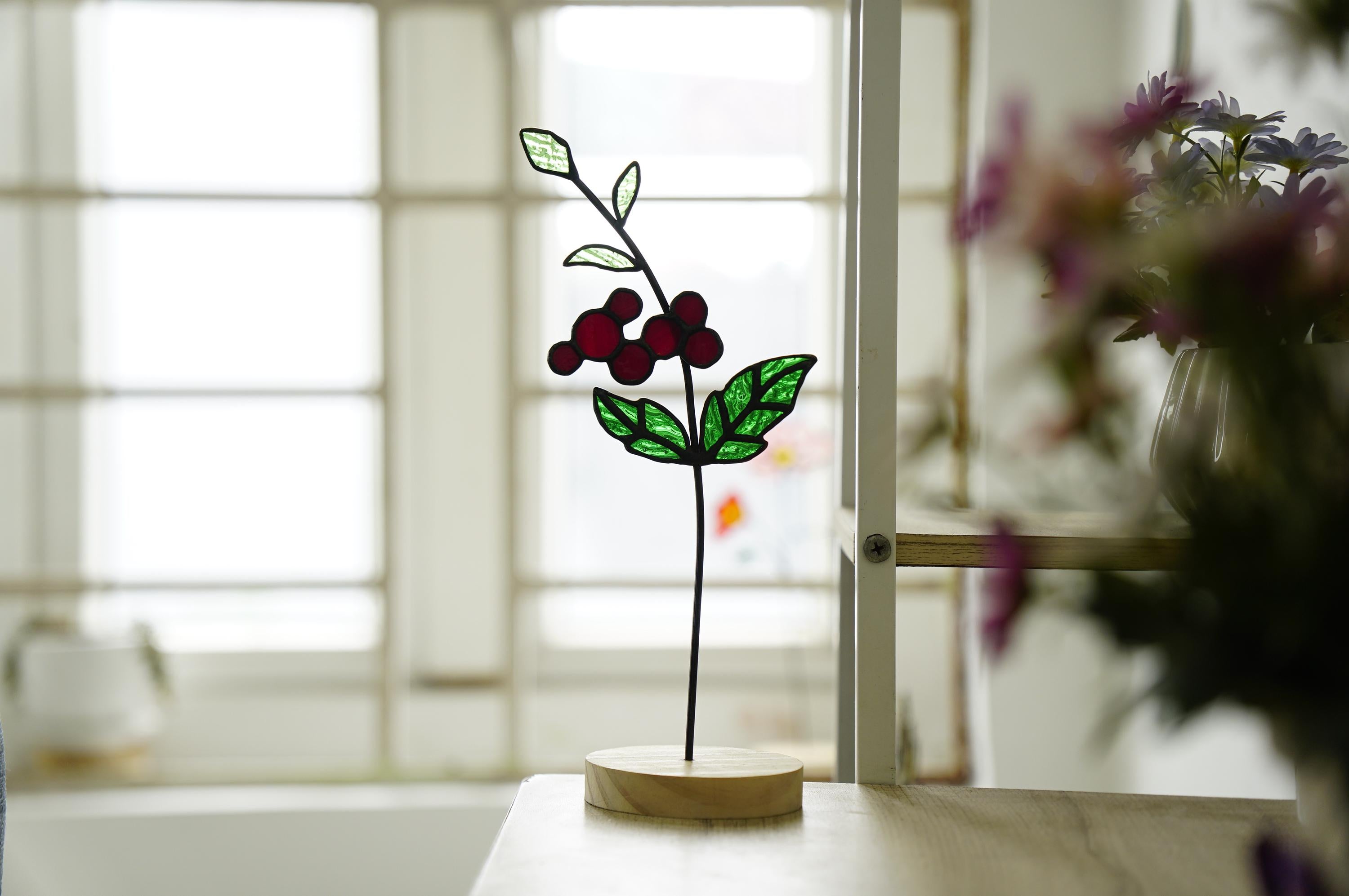 Stained Glass Berry Branch - Window Suncatcher, Modern Home Decor, Gift for Mom, Faux Stained Glass, Japanese Cherry Decor.