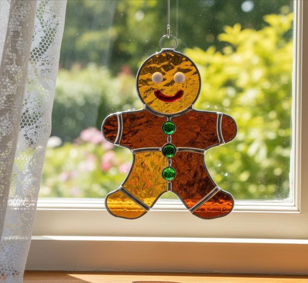 Stained Glass Gingerbread Man - Christmas Ornament, Holiday Decor, Window Suncatcher, Handcrafted, Glass Art, Unique Gift