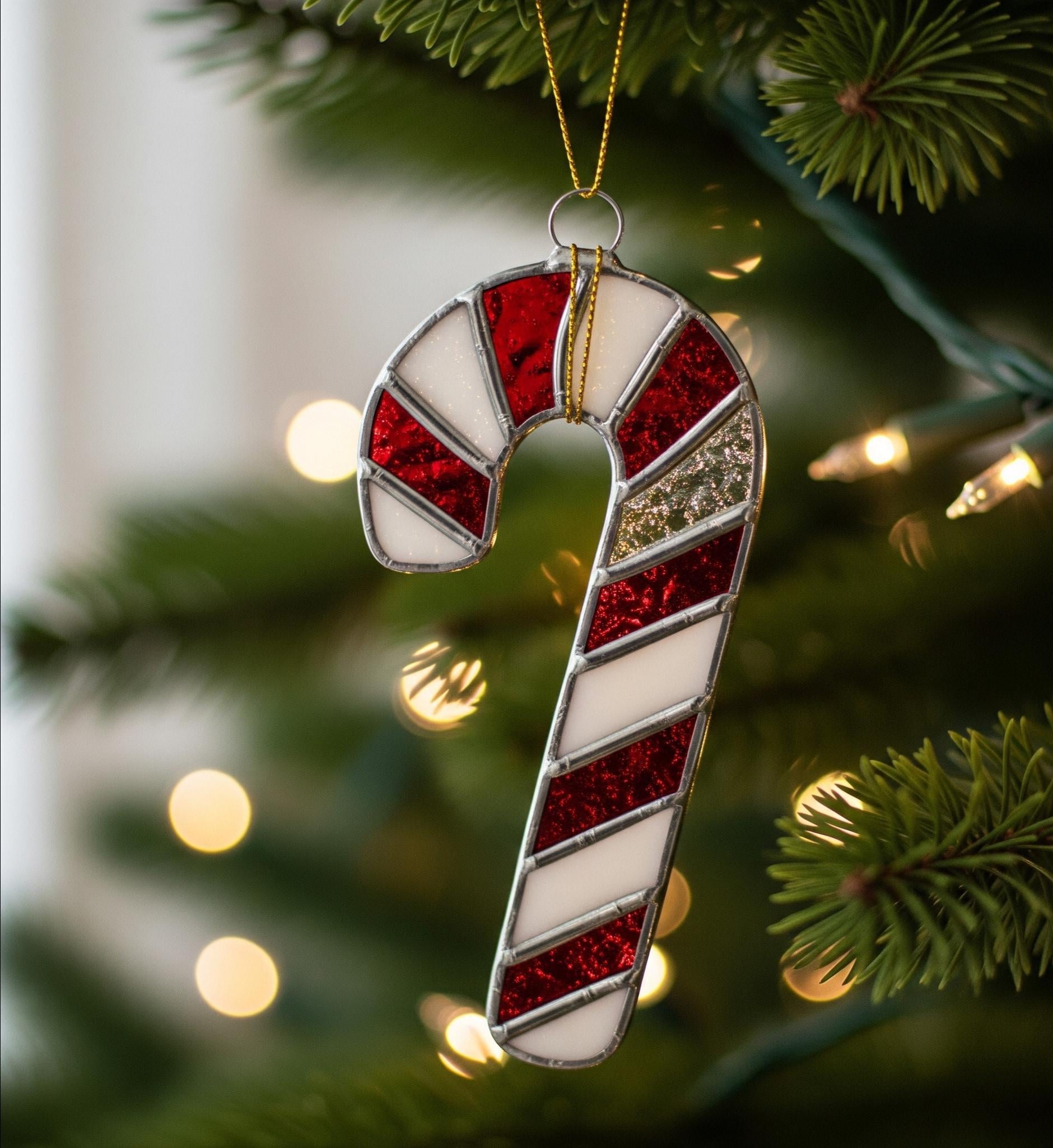 Stained Glass Candy Cane Ornament - Handcrafted Christmas Tree Decor, Sparkly Red & White Glass Art Suncatcher, Festive Unique Holiday Gift