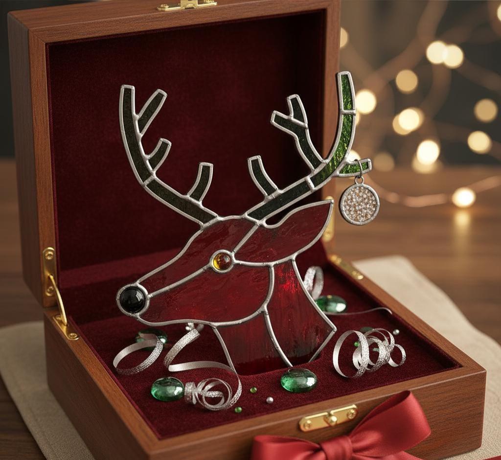 Stained Glass Christmas Reindeer - Red Reindeer Head, Green Antlers, Window Suncatcher, Sparkly Ornament, Unique Handmade Gift