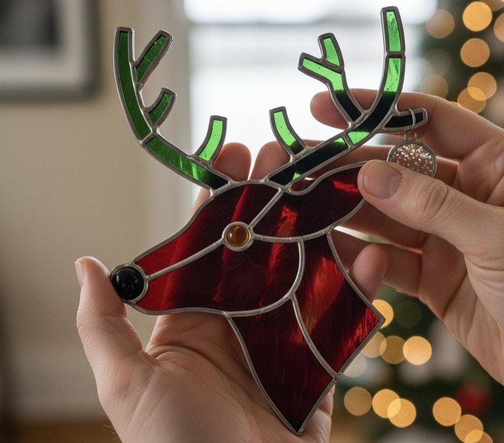 Stained Glass Christmas Reindeer - Red Reindeer Head, Green Antlers, Window Suncatcher, Sparkly Ornament, Unique Handmade Gift