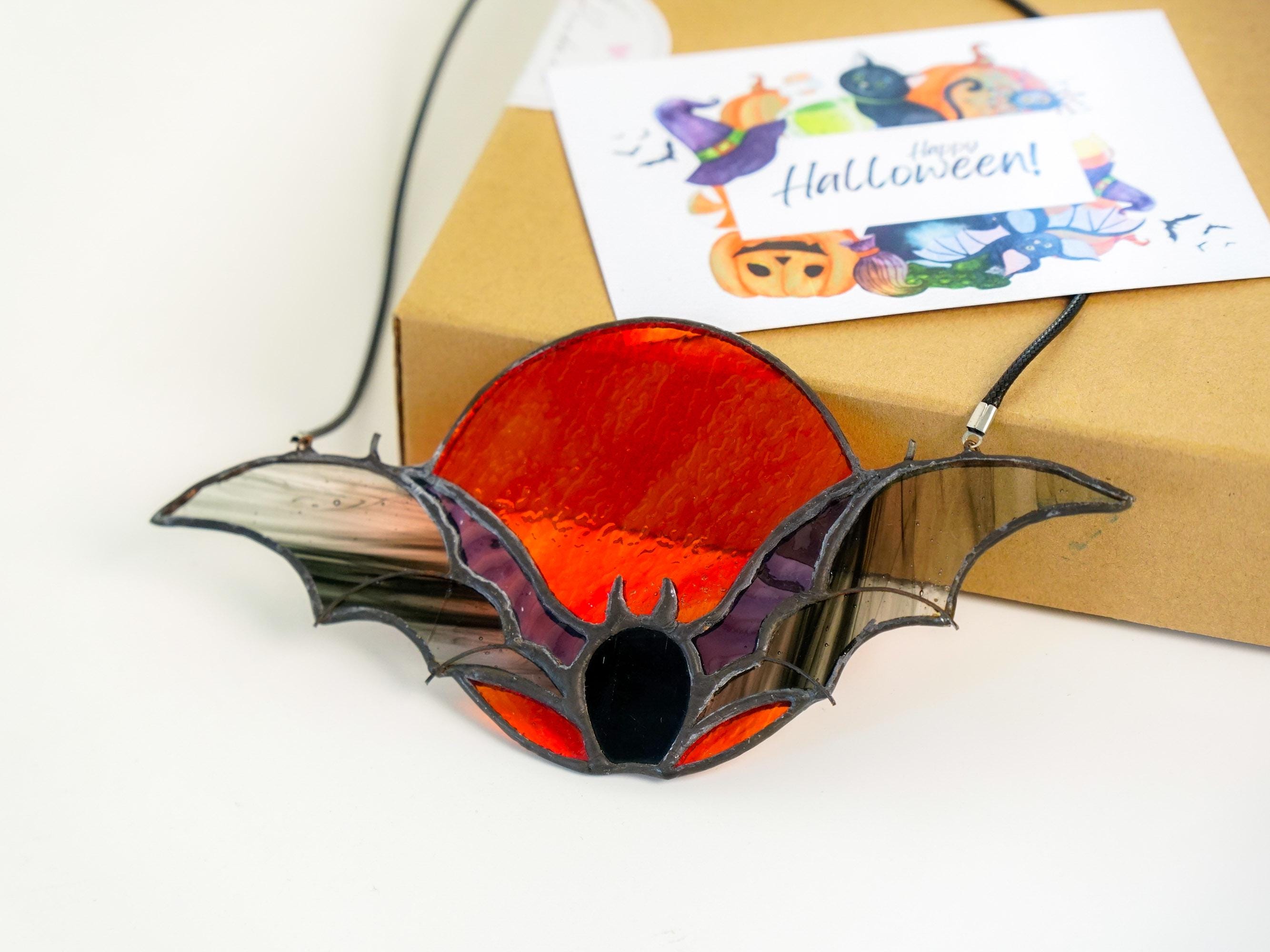 Stained Glass Bat Suncatcher - Spooky Halloween Decor, Witchy Window Hanging, Gothic Art Gift for Bat Lovers