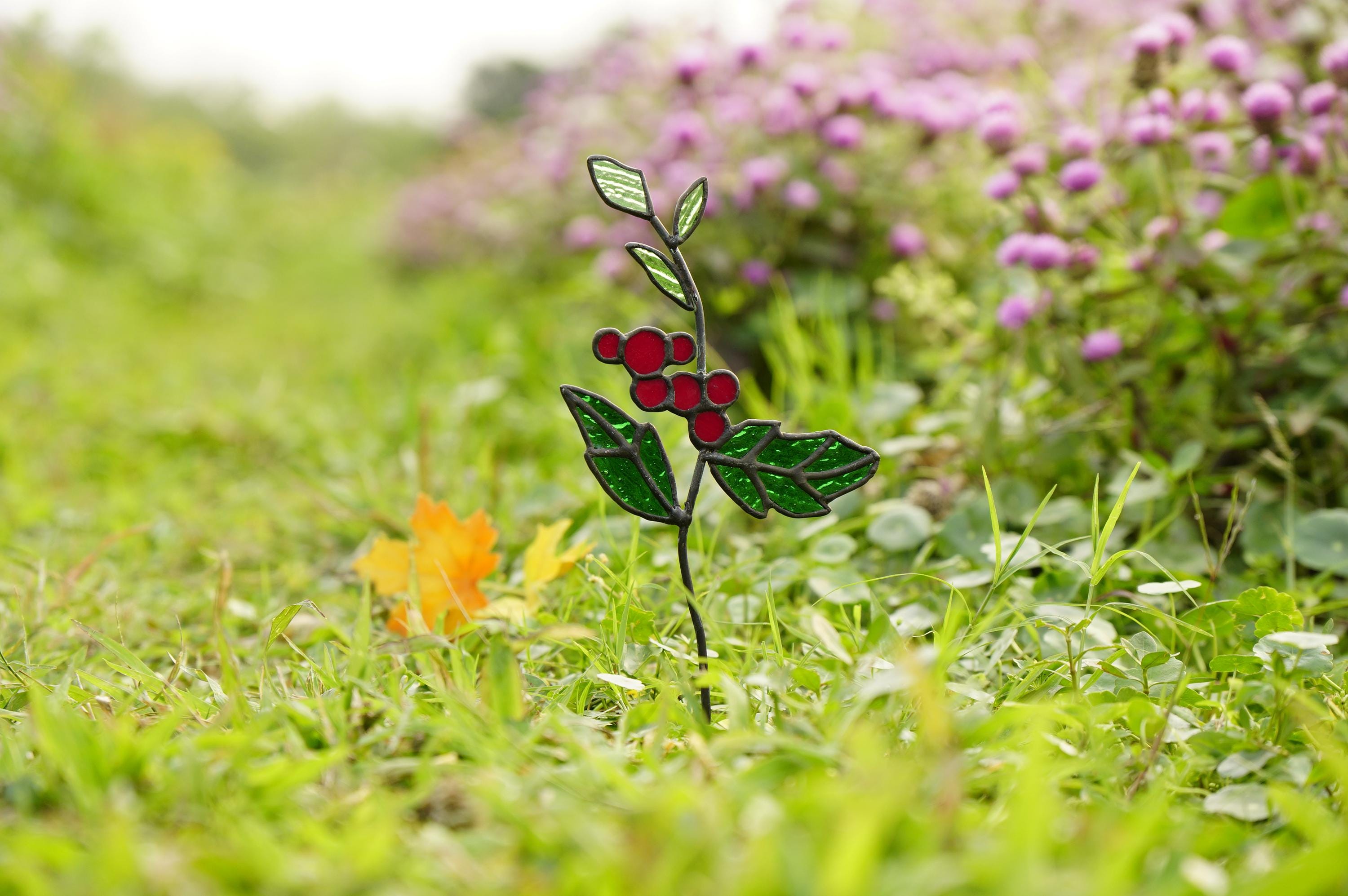 Stained Glass Berry Branch - Window Suncatcher, Modern Home Decor, Gift for Mom, Faux Stained Glass, Japanese Cherry Decor.