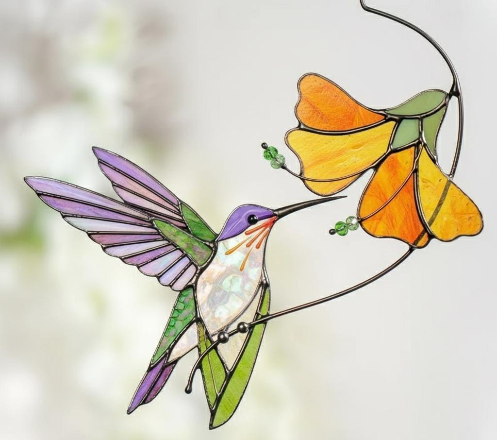 Hummingbird Stained Glass Suncatcher, Hummingbird Gift, Window Decor, Window Hanging Art, Stained Glass Art, Anniversary Gift Art