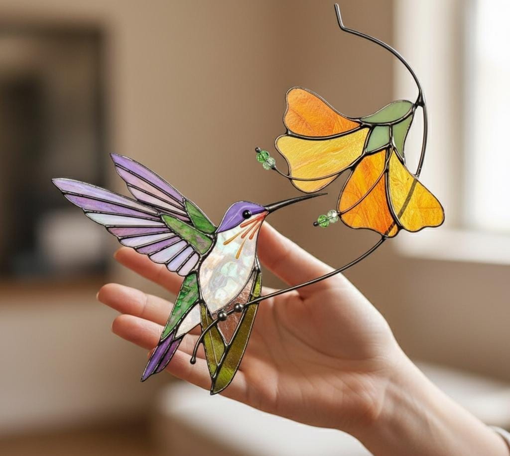 Hummingbird Stained Glass Suncatcher, Hummingbird Gift, Window Decor, Window Hanging Art, Stained Glass Art, Anniversary Gift Art