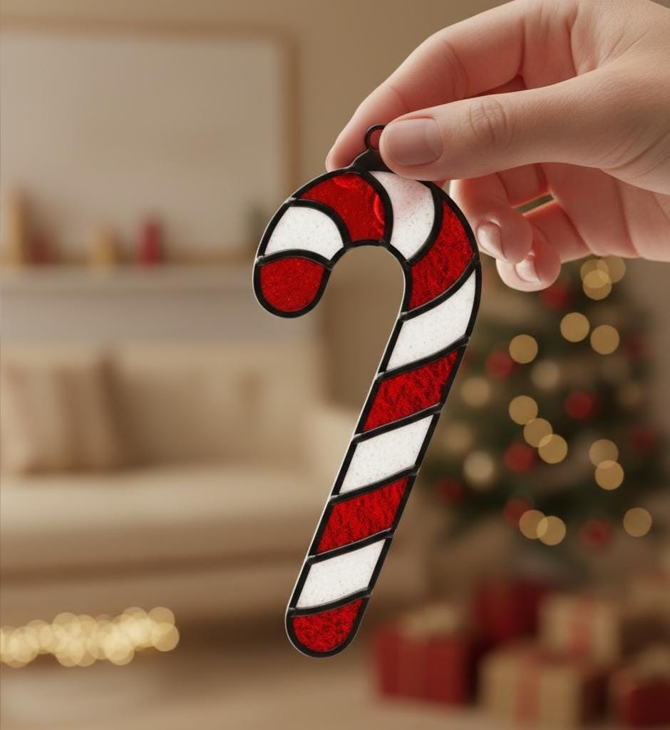 Stained Glass Candy Cane Ornament - Handcrafted Christmas Tree Decor, Sparkly Red & White Glass Art Suncatcher, Festive Unique Holiday Gift