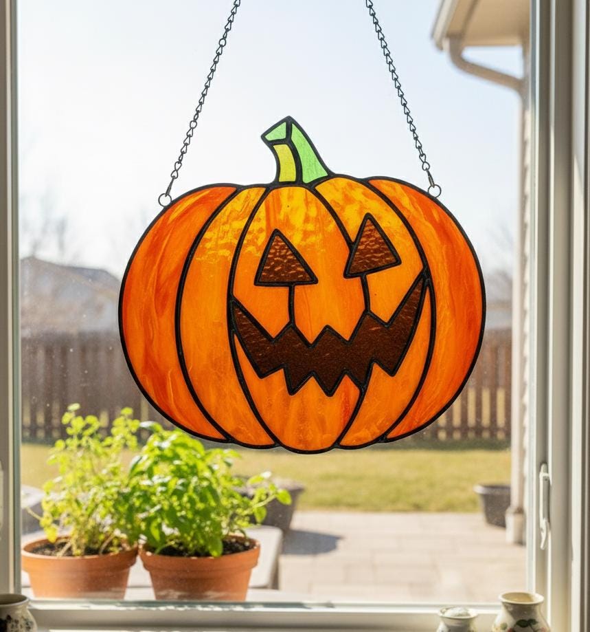 Stained Glass Pumpkin Suncatcher | Halloween Pumpkin Stained Glass Art, Window Hanging | Halloween Home Decor | Fall Gift Idea