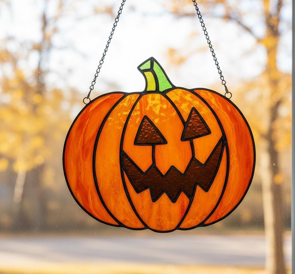 Stained Glass Pumpkin Suncatcher | Halloween Pumpkin Stained Glass Art, Window Hanging | Halloween Home Decor | Fall Gift Idea