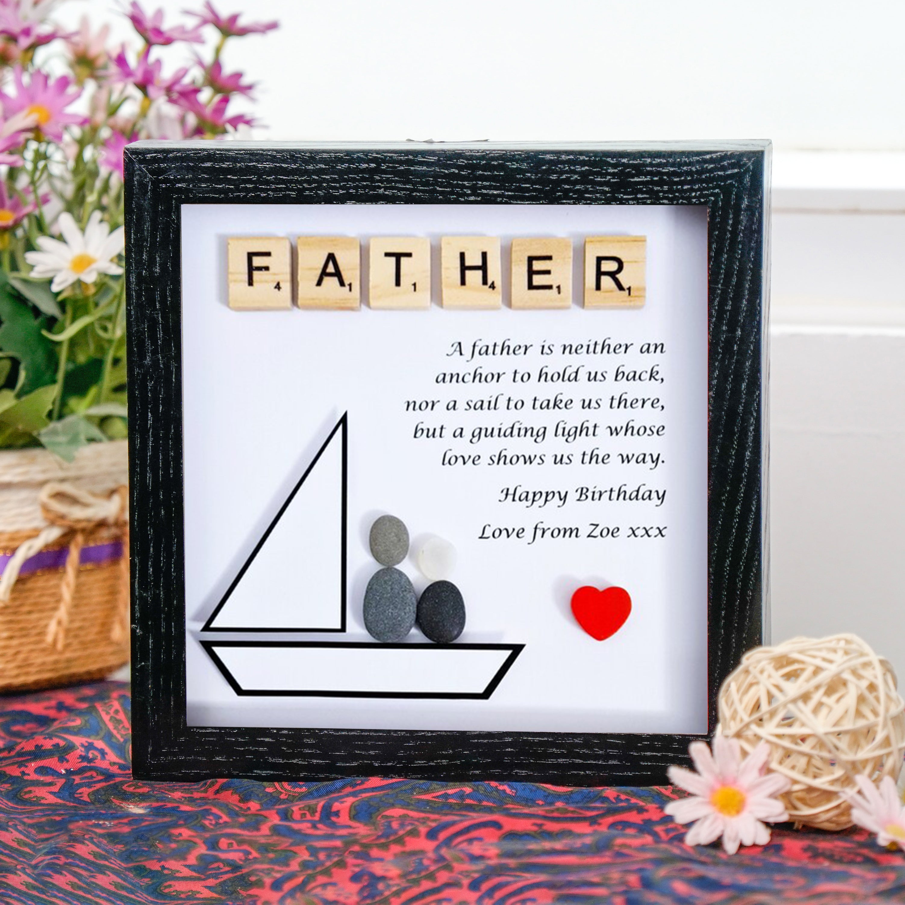 Pebble Art Picture Frame, Dad Boat, Christmas Pebble Art For Dad, Gift For Dad, Personalised Gift Dad