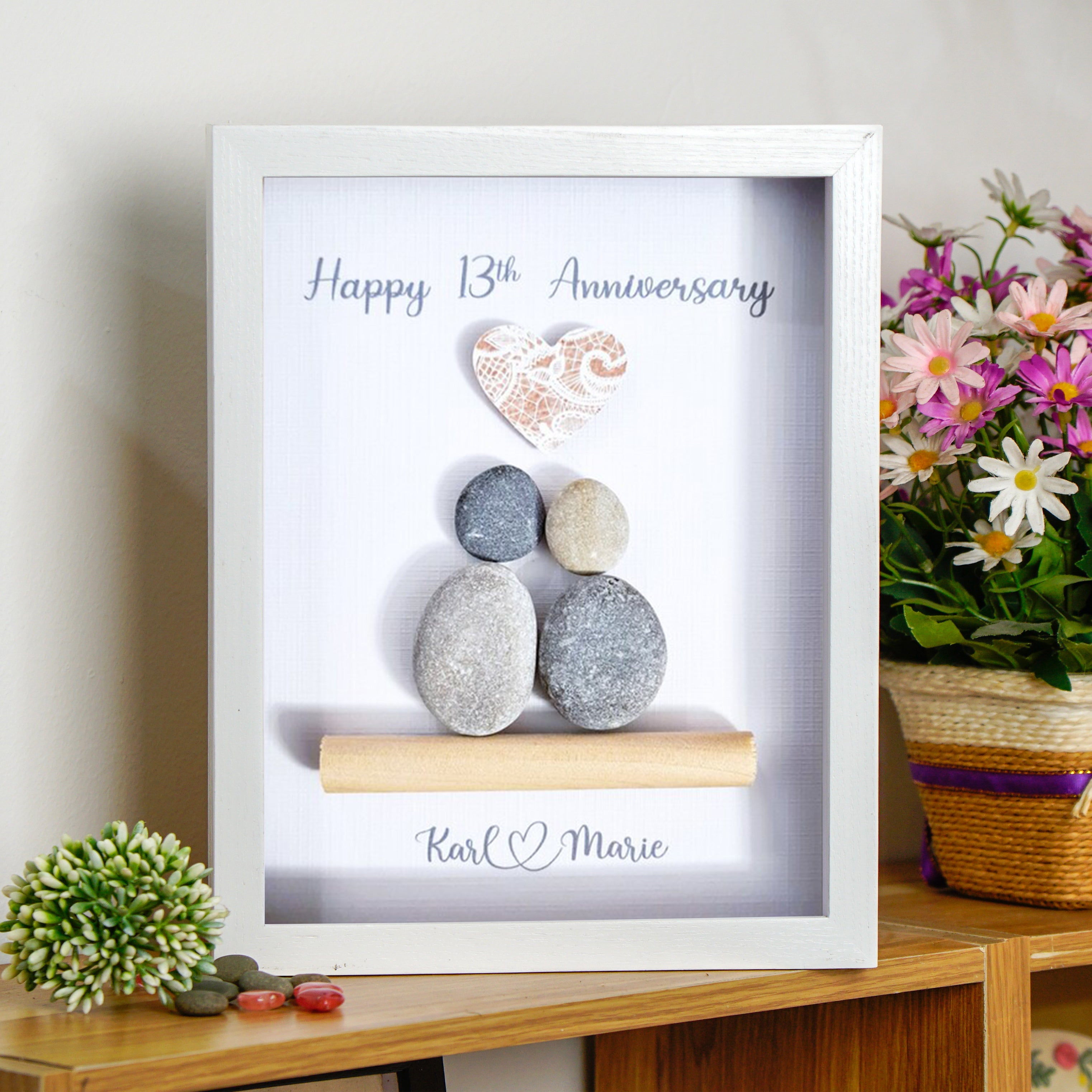 Personalized 13th Anniversary Keepsake Frame, Wedding Anniversary Pebble Art For Dad, Unique Gifts for Wedding Anniversary