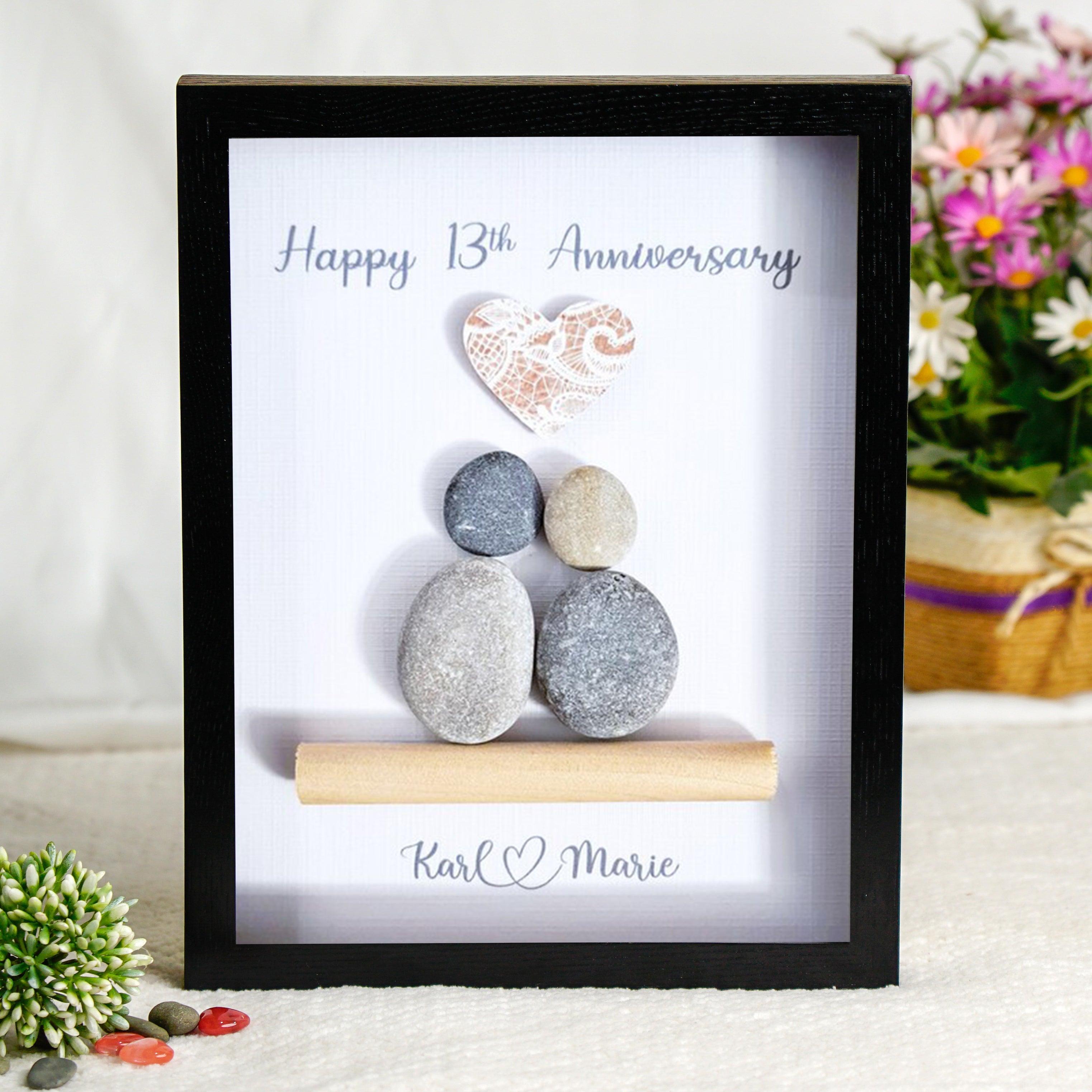 Personalized 13th Anniversary Keepsake Frame, Wedding Anniversary Pebble Art For Dad, Unique Gifts for Wedding Anniversary
