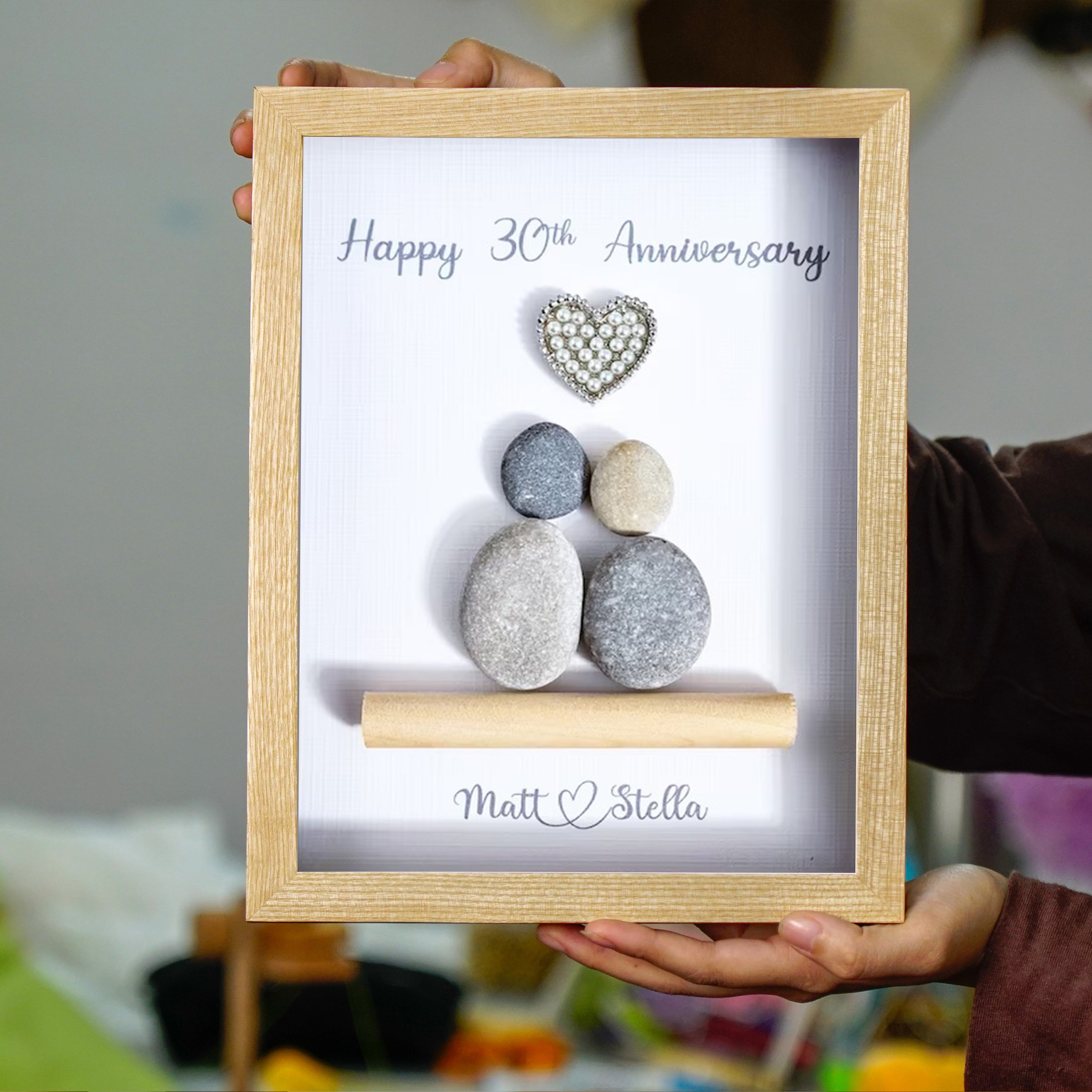 Personalised 30th Anniversary Keepsake Frame, Pearl Wedding Anniversary Gift, Wedding Anniversary Pebble Art For Dad